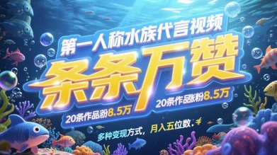 第一人称水族代言视频，条条万赞，20条作品涨粉7.8W，多种变现方式月入五位数-极客网创