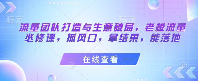 流量团队打造与生意破局，老板流量必修课，抓风口，拿结果，能落地-极客网创