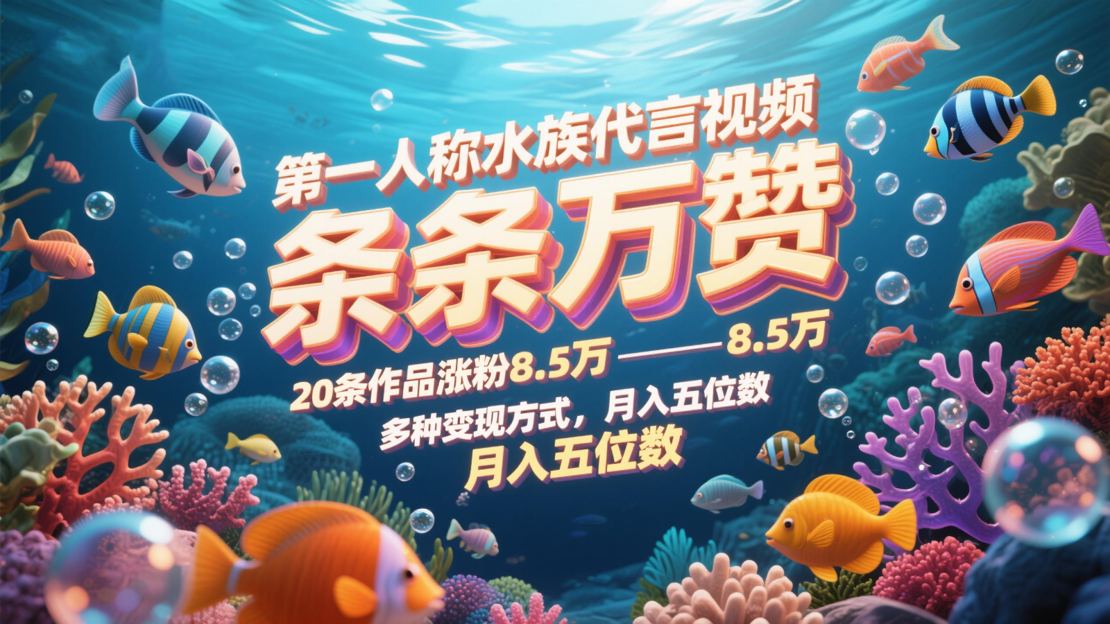 第一人称水族代言视频，条条万赞，20条作品涨粉8.5万，多种变现方式月，入五位数-极客网创