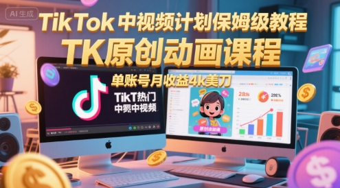 TikTok中视频计划保姆级教程，TK原创动画课程，单账号月收益4k美刀-极客网创