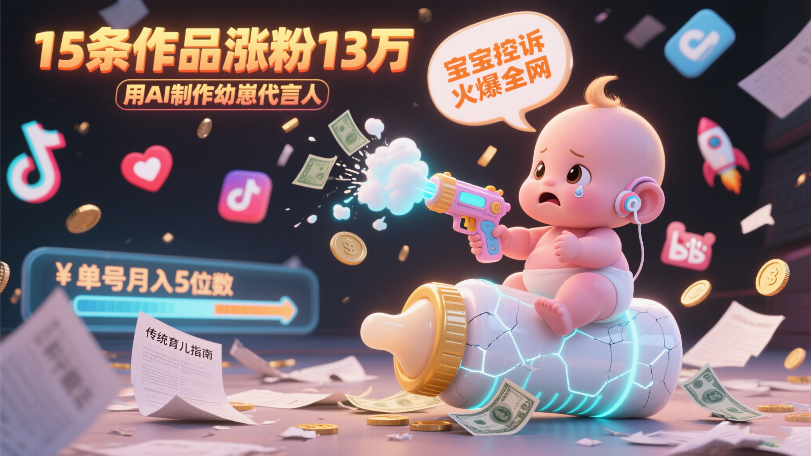 用AI制作幼崽代言人，宝宝的控诉火爆全网，15条作品涨粉13万，单号月入5位数实操教程-极客网创