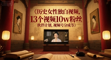 历史女性独白视频，13个视频10w粉丝，伙伴计划，视频号分成等-极客网创