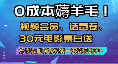 0成本薅羊毛!视频会员、话费卷、30元电影票白送，分享我如何靠转卖一天变现5张+【揭秘】-极客网创