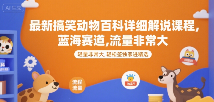最新搞笑动物百科详细解说课程，蓝海赛道，流量非常大，轻松签独家进精选-极客网创