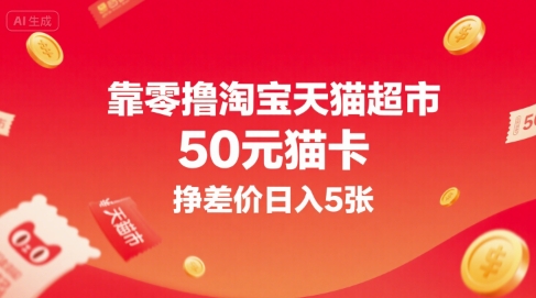 靠零撸淘宝天猫超市50元猫卡，挣差价日入5张-极客网创