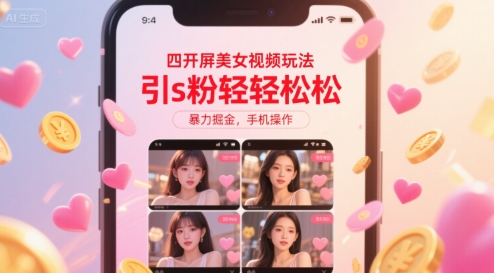 四开屏美女视频玩法，引s粉轻轻松松，暴力掘金，手机操作【揭秘】-极客网创