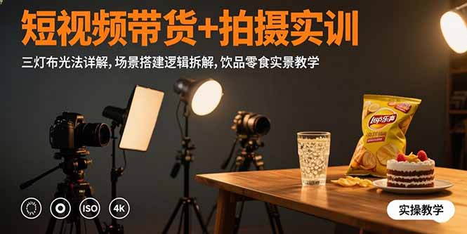 短视频带货+拍摄实训：三灯布光法详解,场景搭建逻辑拆解,饮品零食实景教学-极客网创