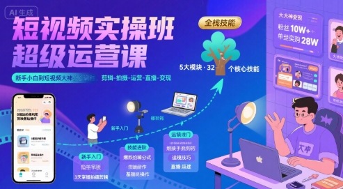短视频实操班超级运营课，新手小白到短视频大神必修课程，剪辑-拍摄-运营-直播-变现-极客网创