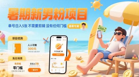 暑期新男粉项目 单号日入5张 不需要剪辑  没有任何门槛-极客网创
