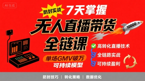 无人直播带货全链防封实战课，7天掌握高转化直播技术，实现单场GMV破万可持续模型-极客网创
