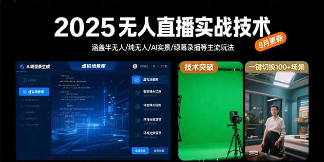 2025无人直播实战技术-8月，涵盖半无人/纯无人/AI实景/绿幕录播等主流玩法-极客网创