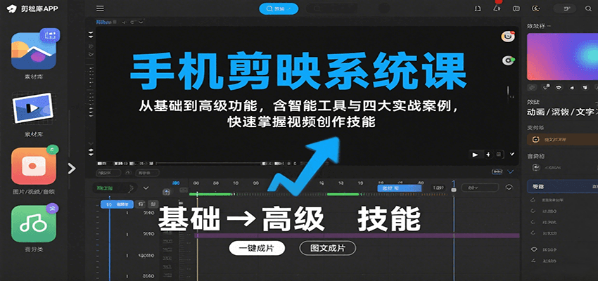 手机剪映系统课，从基础到高级功能，含智能工具与四大实战案例，快速掌握视频创作技能-极客网创