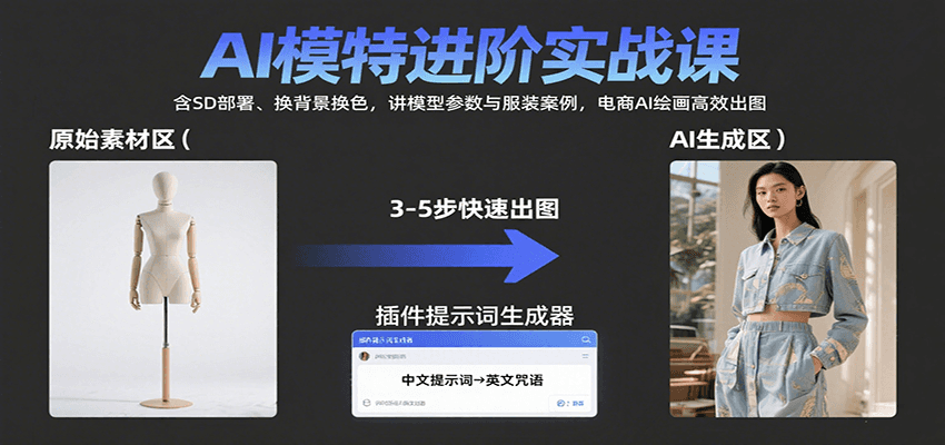 AI模特进阶实战课：含SD部署、换背景换色，讲模型参数与服装案例，电商AI绘画高效出图-极客网创