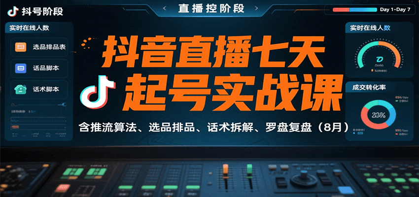 抖音直播七天起号实战课：含推流算法、选品排品、话术拆解、罗盘复盘(8月)-极客网创