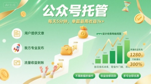 【公众号托管 】我提供文章，你发布，每天5分钟，单篇最高收益1k+【揭秘】-极客网创