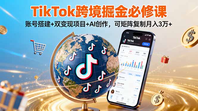 TikTo跨境掘金必修课，账号搭建+双变现项目+AI创作，可矩阵复制月入3万+-极客网创