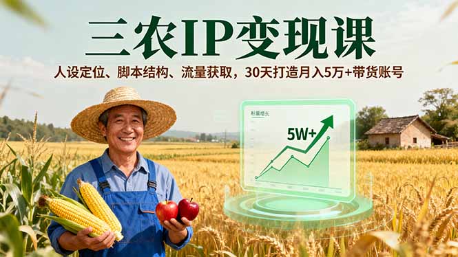 三农IP变现课,人设定位、脚本结构、流量获取,30天打造月入5万+带货账号-极客网创
