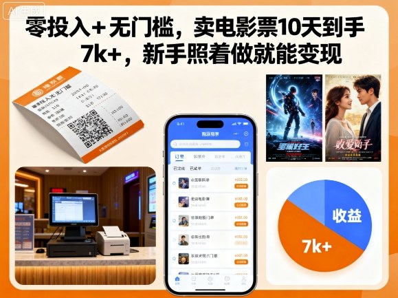 零投入+无门槛，卖电影票10天到手7k+，新手照着做就能变现【揭秘】-极客网创