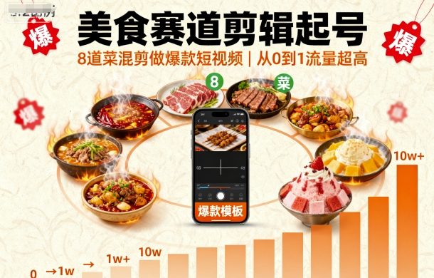 美食赛道剪辑起号，8道菜混剪做爆款短视频，从0到1，流量超高-极客网创
