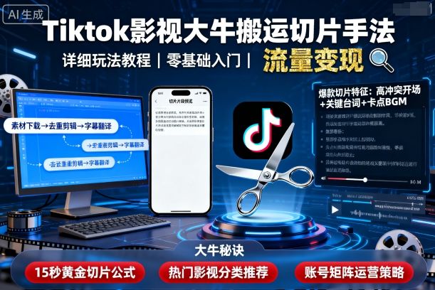 Tiktok影视大牛搬运切片手法，详细玩法教程-极客网创