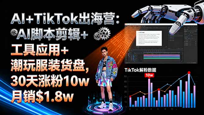 AI+TikTok出海营:AI脚本剪辑+工具应用+潮玩服装货盘,30天涨粉10w月销$1.8w-极客网创