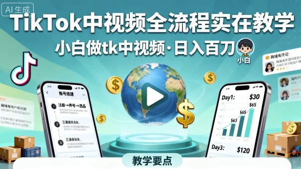 TikTok中视频全流程实操教学，小白做tk中视频，日入百刀-极客网创