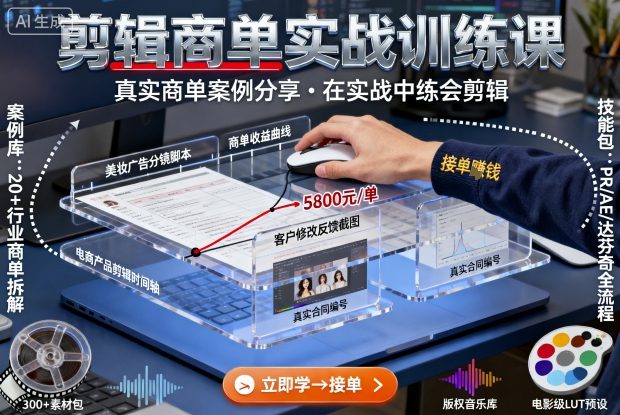 剪辑商单实战训练课，真实商单案例分享，在实战中练会剪辑-极客网创