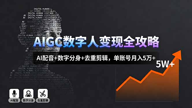 AIGC数字人变现全攻略,AI配音+数字分身+去重剪辑,单账号月入5万+-极客网创