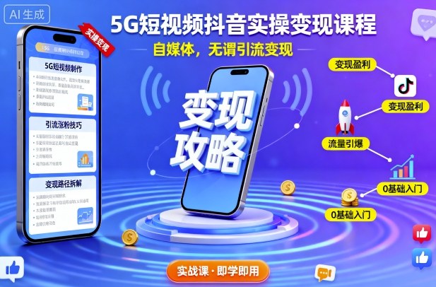 5G短视频抖音实操变现课程,自媒体,无谓引流变现-极客网创