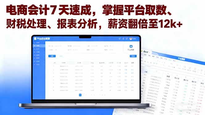 (16192期)电商会计7天速成,掌握平台取数、财税处理、报表分析,薪资翻倍至12k+-极客网创