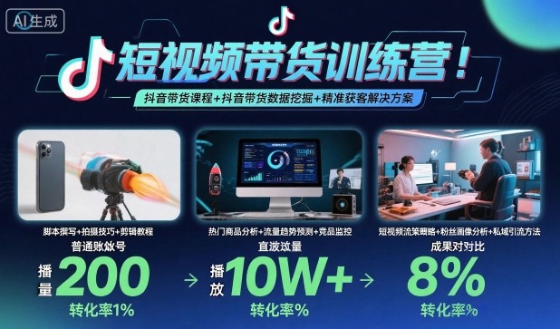 短视频带货训练营,抖音带货课程+抖音带货数据挖掘+精准获客解决方案-极客网创