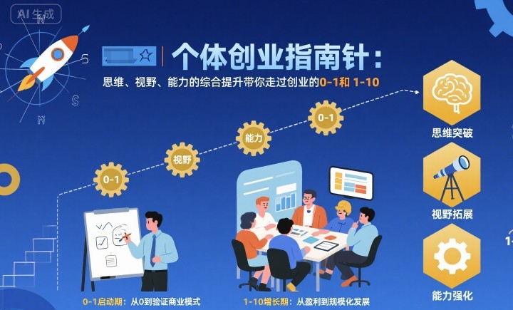 个体创业指南针,思维、视野、能力的综合提升带你走过创业的0-1和1-10【音频】-极客网创