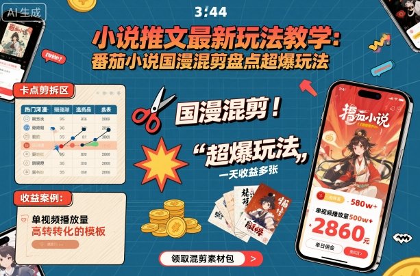 小说推文最新玩法教学,番茄小说国漫混剪盘点超爆玩法,全程干货,一天收益多张-极客网创