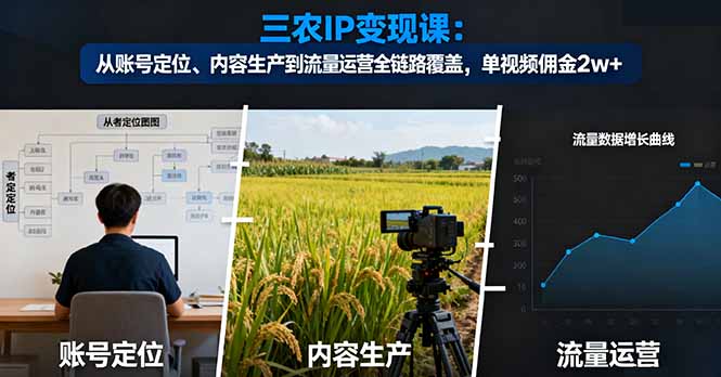 三农IP变现课:从账号定位、内容生产到流量运营全链路覆盖,单视频佣金2w+-极客网创