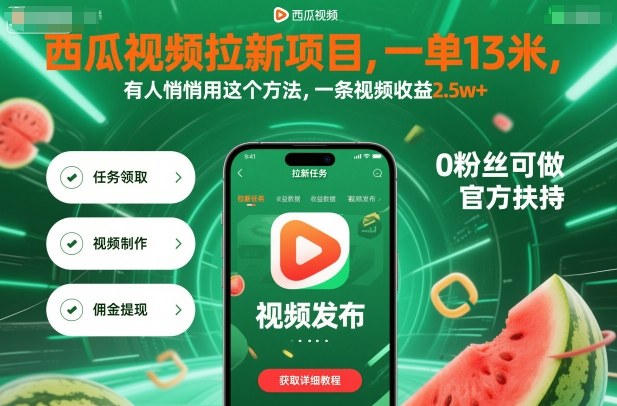 西瓜视频拉新项目,一单13米,有人悄悄用这个方法,一条视频收益2.5w+(附详细教程)-极客网创