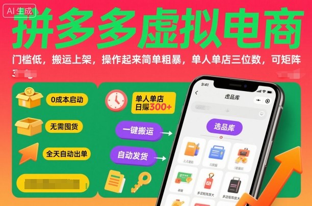 拼多多虚拟电商，门槛低，搬运上架，操作起来简单粗暴，单人单店三位数，可矩阵-极客网创