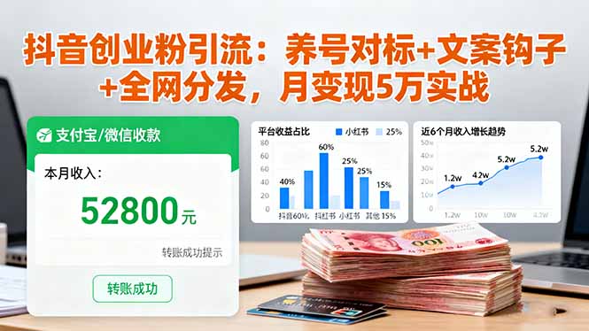 抖音创业粉引流：养号对标+文案钩子+全网分发，月变现5万实战-极客网创