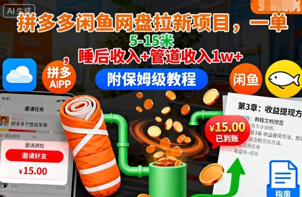 拼多多闲鱼网盘拉新项目,一单5-15米,睡后收入+管道收入1w+(附保姆级教程)-极客网创