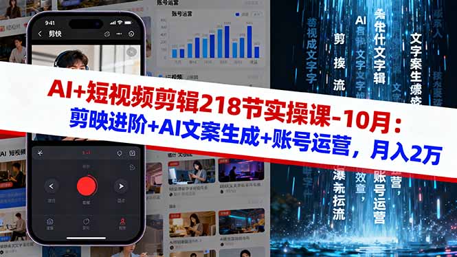 AI+短视频剪辑218节实操课-10月:剪映进阶+AI文案生成+账号运营,月入2万-极客网创