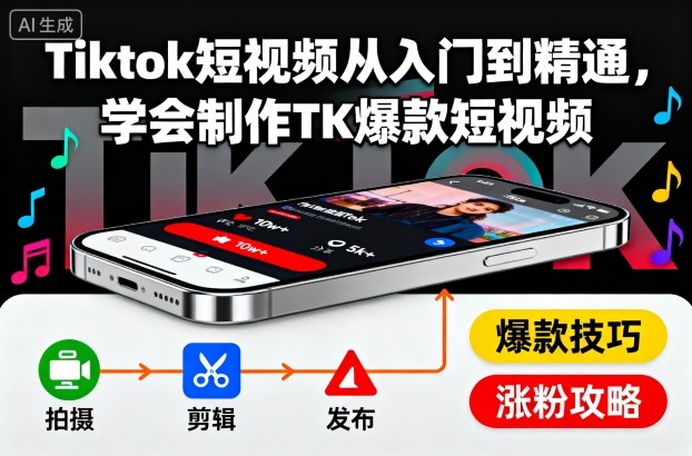 Tiktok短视频从入门到精通,学会制作TK爆款短视频-极客网创