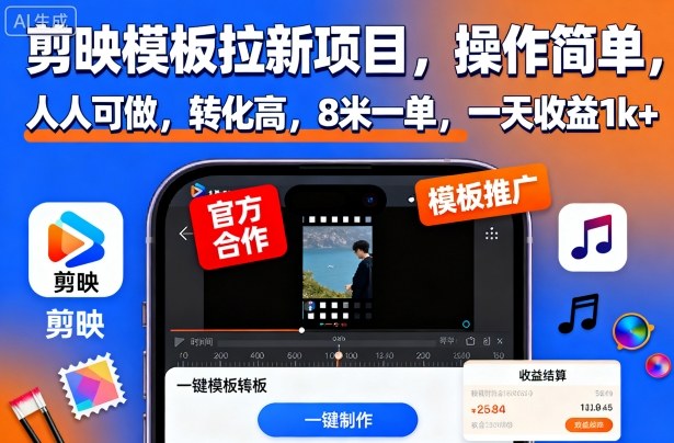 剪映模板拉新项目,操作简单,人人可做,转化高,8米一单,一天收益1k+-极客网创