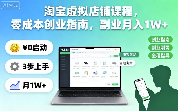 淘宝虚拟店铺课程,零成本创业指南,副业月入1W+-极客网创
