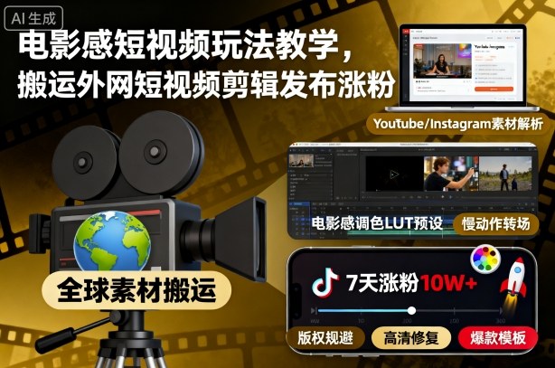 电影感短视频玩法教学,搬运外网短视频剪辑发布涨粉-极客网创