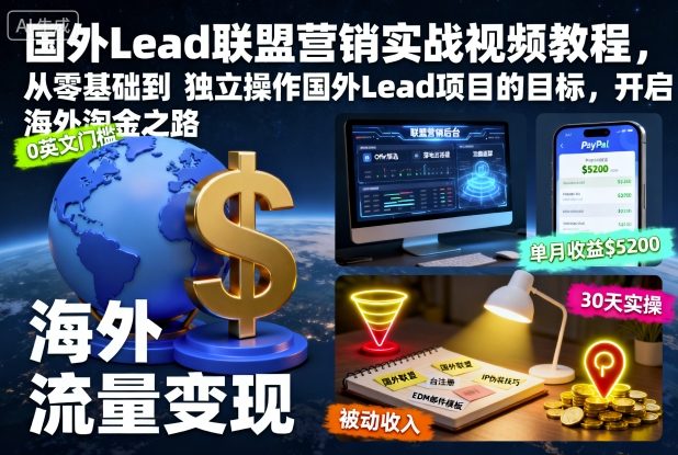 国外Lead联盟营销实战视频教程,从零基础到独立操作国外Lead项目的目标,开启海外淘金之路-极客网创