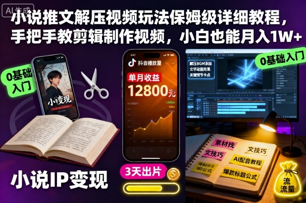 小说推文解压视频玩法保姆级详细教程,手把手教剪辑制作视频,小白也能月入1W+-极客网创