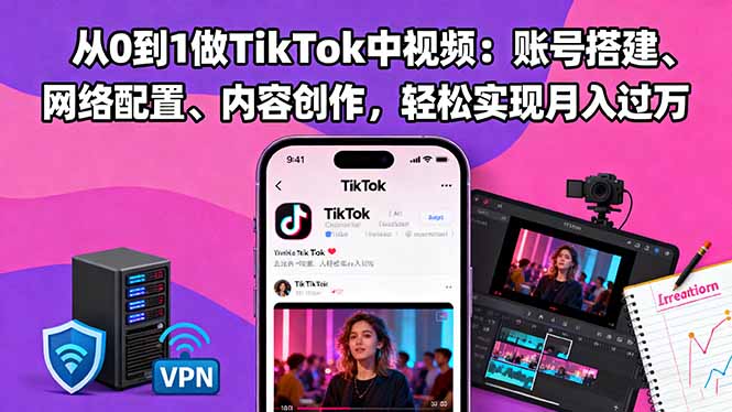 从0到1做TikTok中视频:账号搭建、网络配置、内容创作,轻松实现月入过万-极客网创