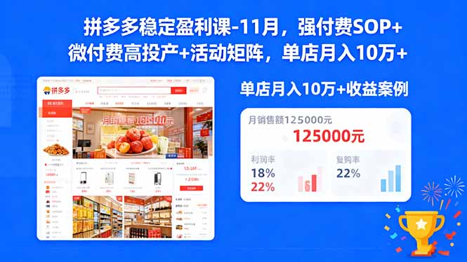 拼多多稳定盈利课-11月，强付费SOP+微付费高投产+活动矩阵，单店月入10万+-极客网创