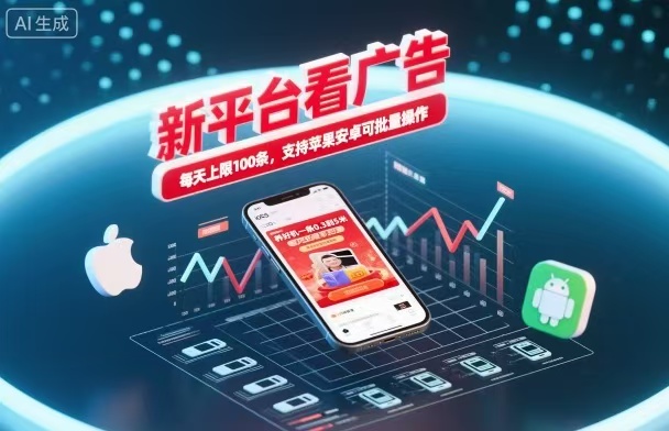 新台看广告,养好机一条5毛到5块,单机日入30到100,支持苹果安卓,可批量操作。-极客网创