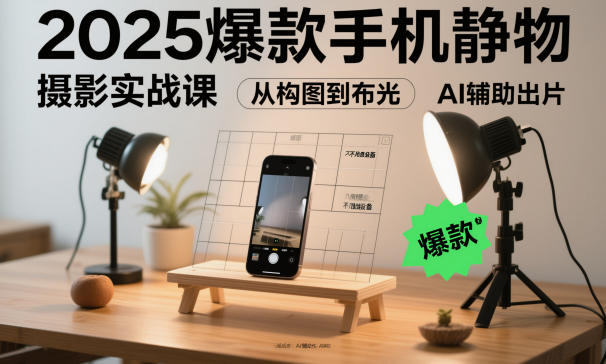 2025爆款手机静物摄影实战课,从构图到布光,不用贵设备,AI辅助出片-极客网创