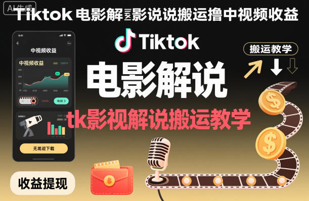 Tiktok电影解说搬运撸中视频收益,tk影视解说搬运教学-极客网创